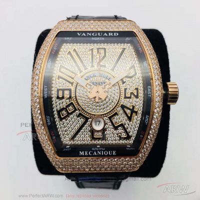 FM Swiss Franck Muller Vanguard V45 Full Diamond Dial Yellow Gold Case ETA 2824 Automatic Watch